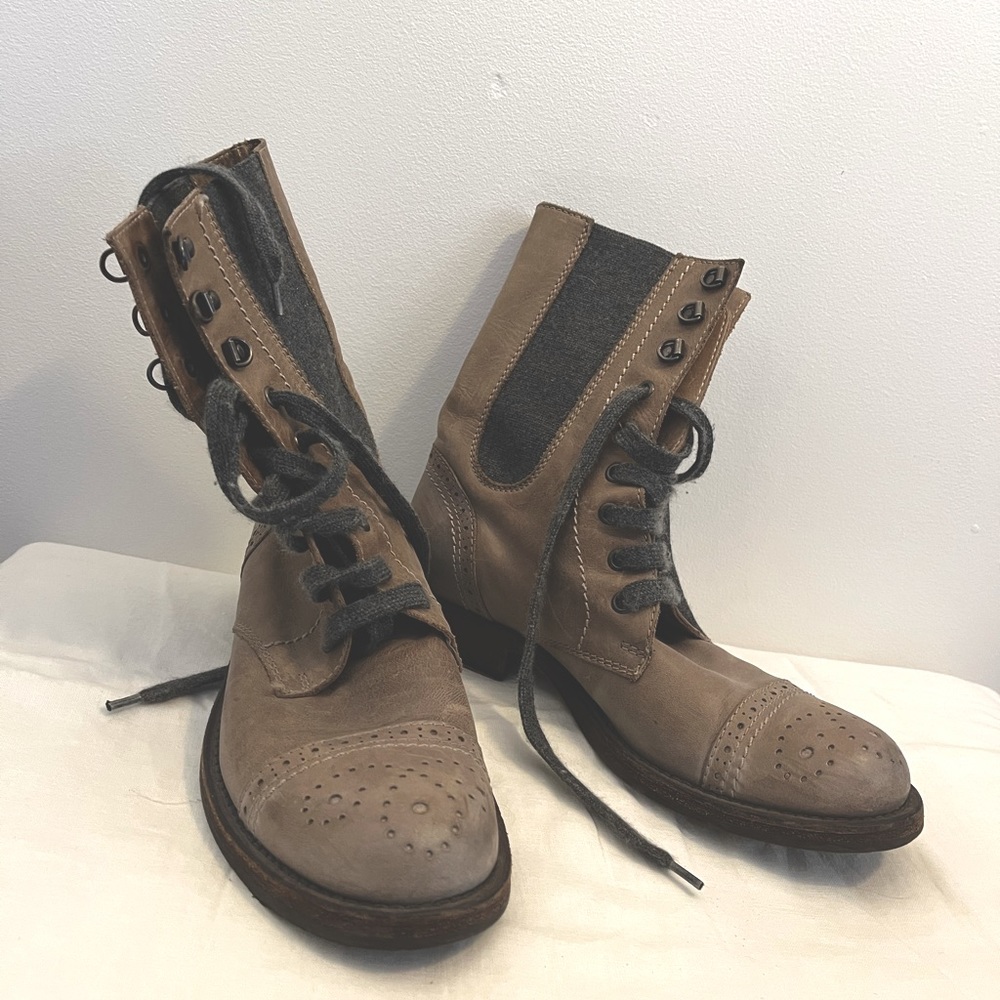 Brunello Cucinelli Taupe and Dark Gray Lace-Up Leather Boots
